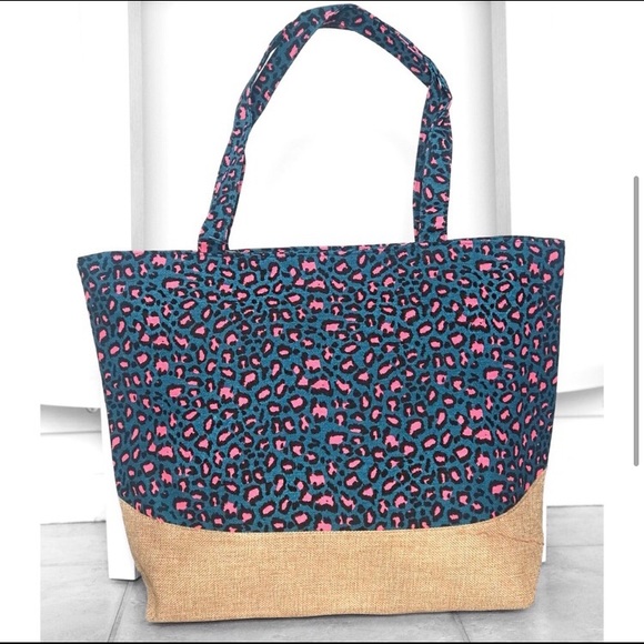 Teal pink leopard print women’s large jute canvas tote bag - Picture 2 of 4